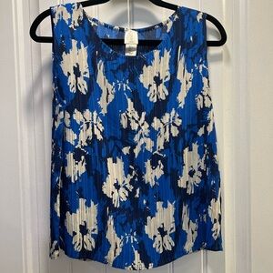 Joie Royal Blue White Black Floral Pleated Sleeveless‎ Blouse. Size Large.